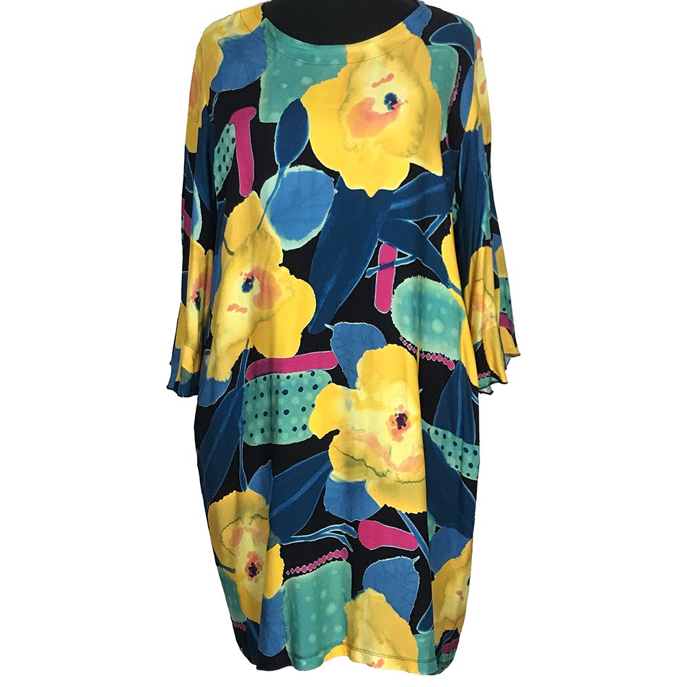 OPHILIA Jersey Kleid A-Schnitt floral gelb blau | Sahne-Stücke