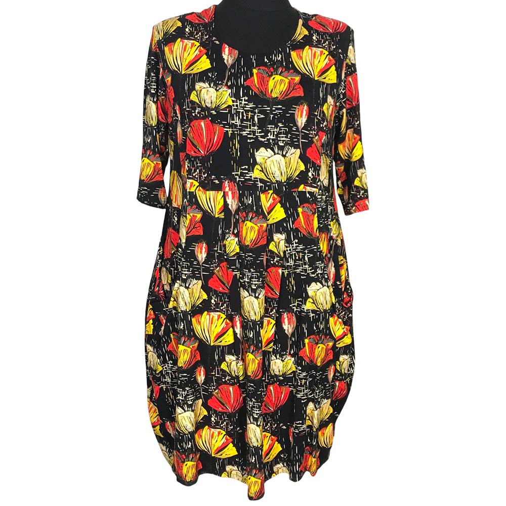 | schwarz rot gelb Jersey Kleid Sahne-Stücke Print Naveed Allover